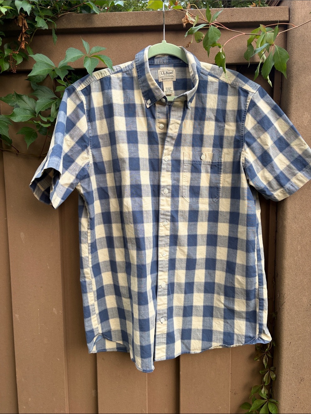L.L. Bean Blue and Cream Short-Sleeve Check Button-Down Shirt